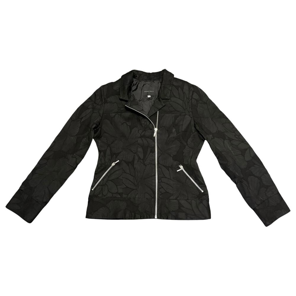 Pedro Novo Jacket Moto Zip Up Cotton Silk Floral Black Spain Size 40 / US 8-10